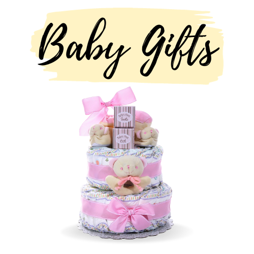 "Baby Gifts" title above pink diaper cake tower