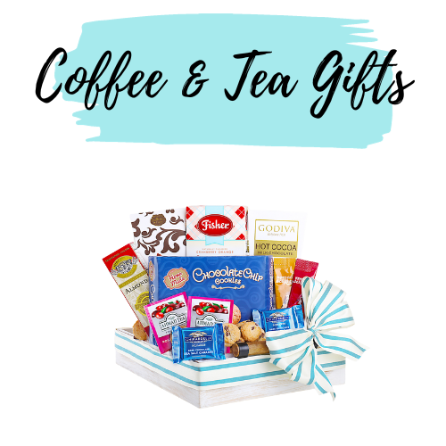 Coffe & Tea Gifts text over FG04417 breakfast tray gift basket with contents displayed