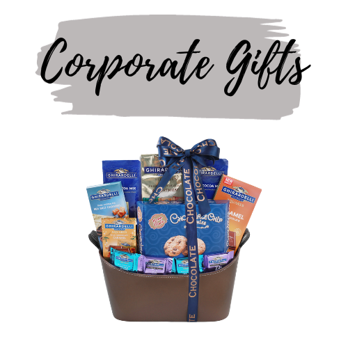 Corporate Gifts in black text above brown and blue Ghirardelli gift basket