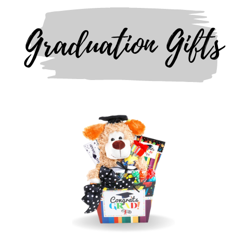 Graduation Gift in black text above graduation gift tote with plush FG07767