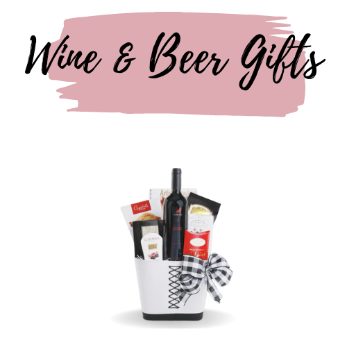 "Wine & Beer Gifts" title above wine gift basket