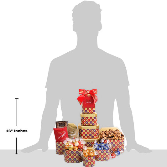 Stack of gift baskets with a person silhouette and measurement label on a white background