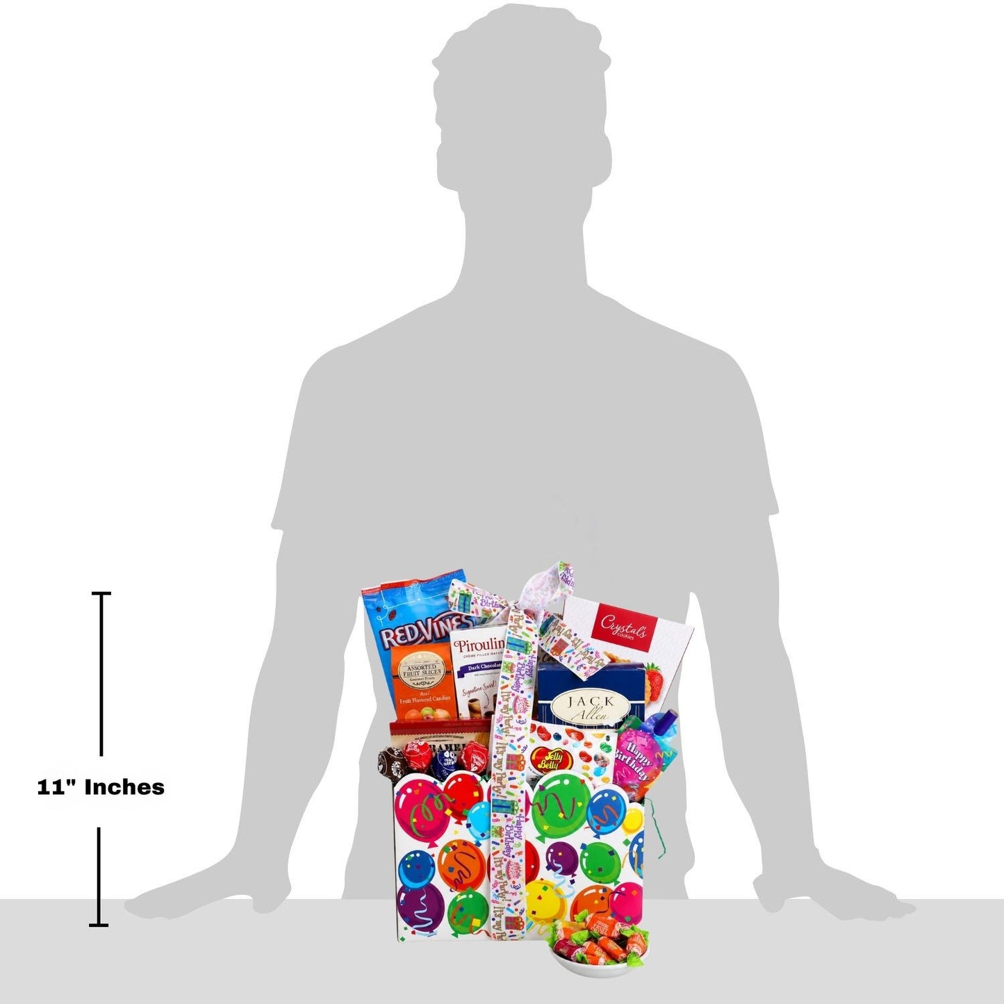 gift basket with shadow grey man to illustrate size