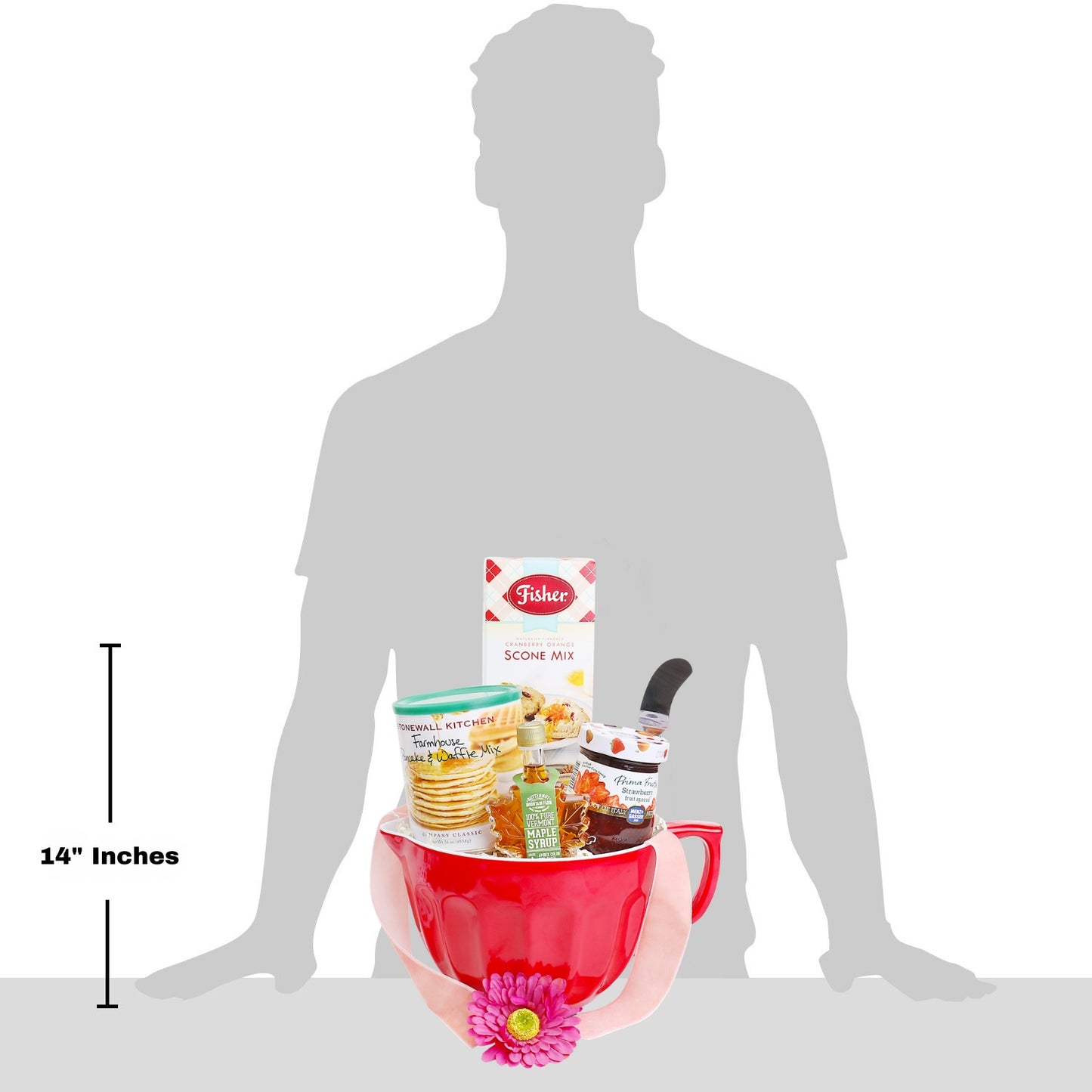 gift basket displayed with silhouette to illustrate size measurement