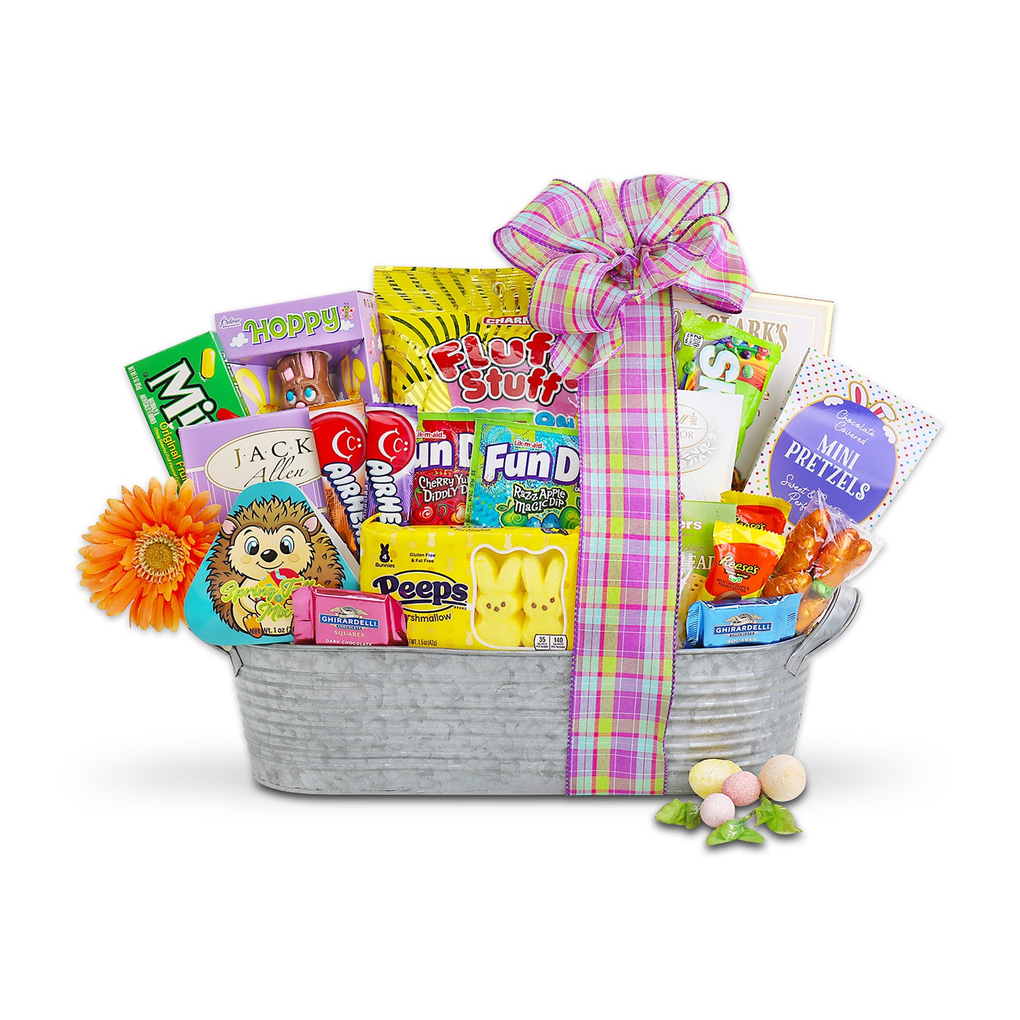 gift basket with contents displayed on white background