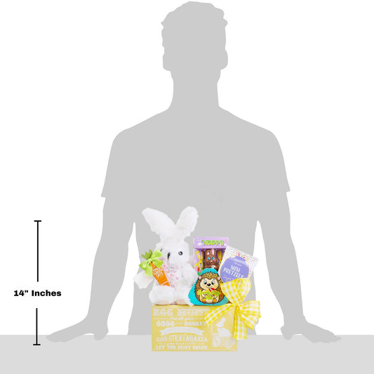 Measurement chart showing a toy bunny and basket with carrots against a silhouette of a person, indicating the product's size.