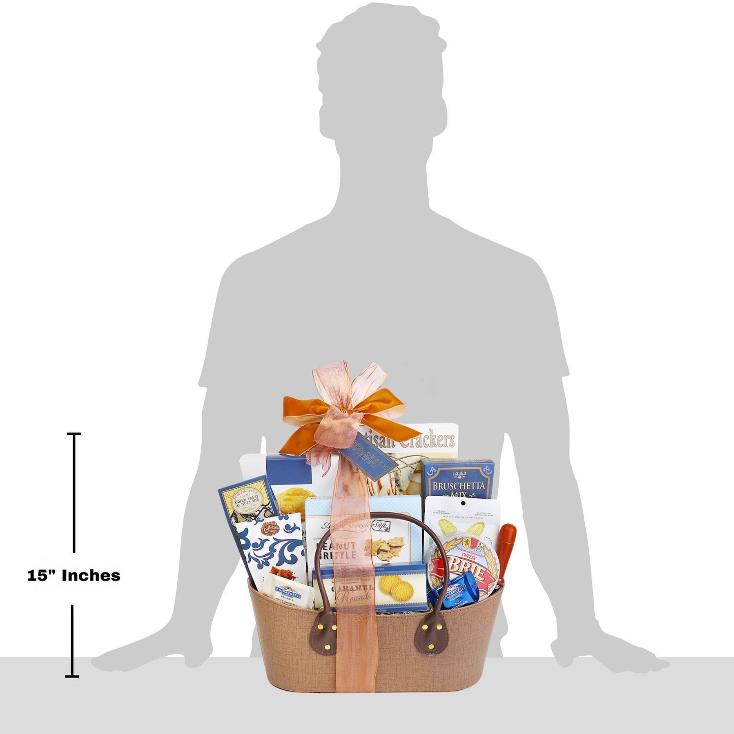 Gift basket with a person's silhouette and measurement label on a white background