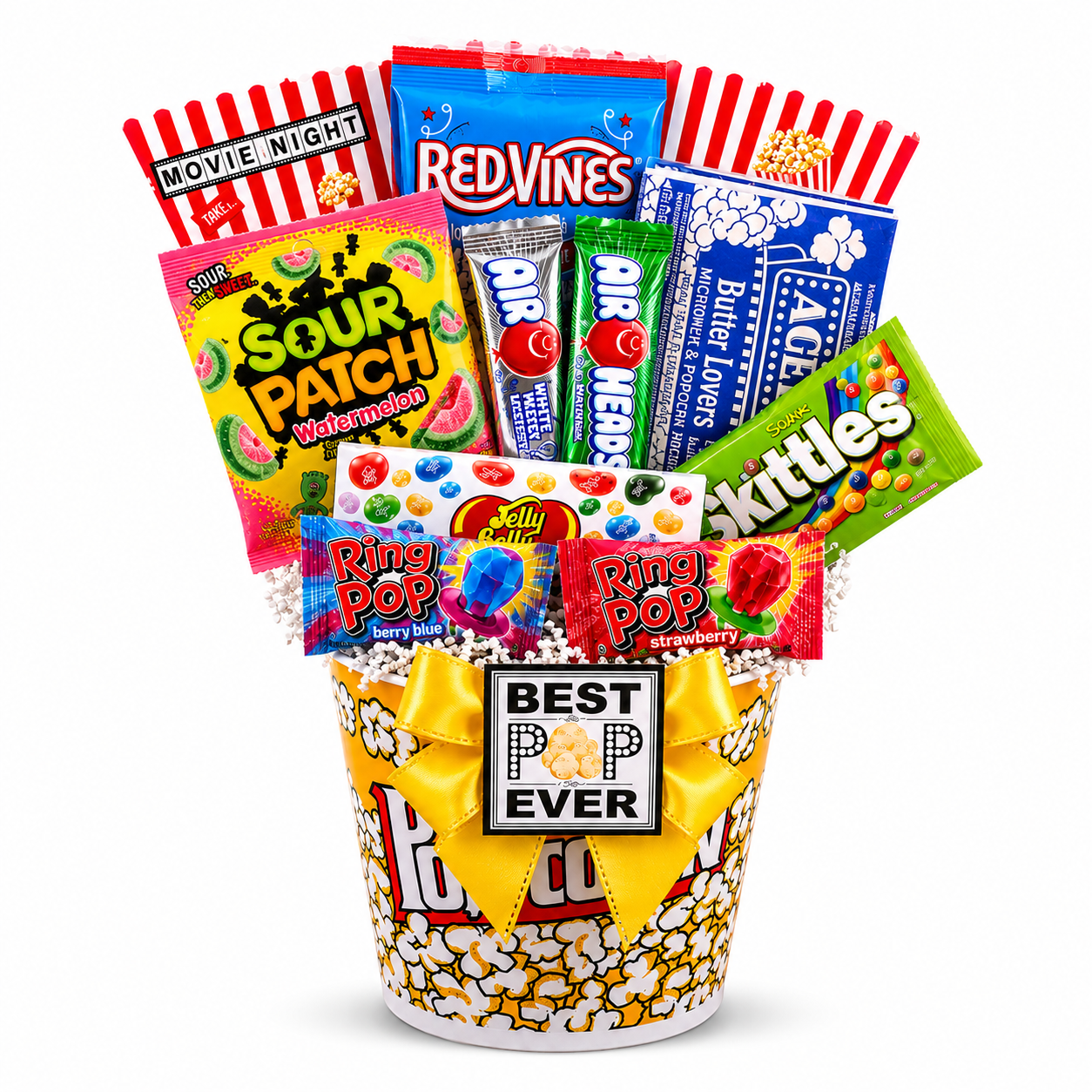 Assorted candy and popcorn gift basket with colorful packaging on a white background