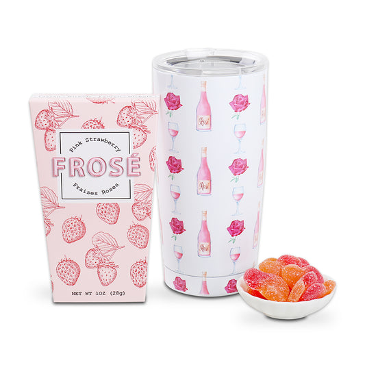 Pink Strawberry Frosé packaging and tumbler with gummy bears on a white background