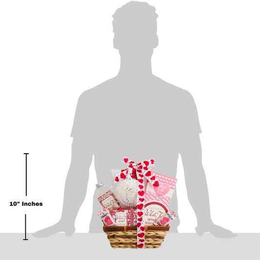 Gift basket with decorative elements shown next to a silhouette of a person for size reference.