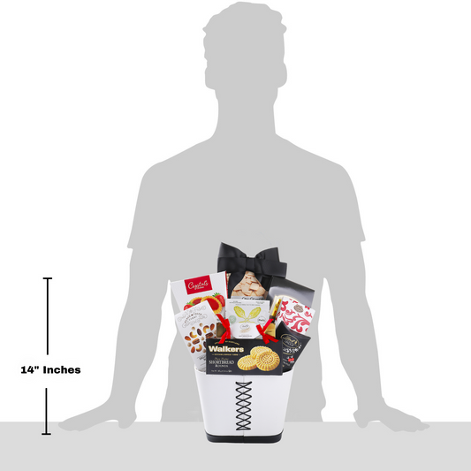 Basket of snacks with a person silhouette and measurement label on a white background