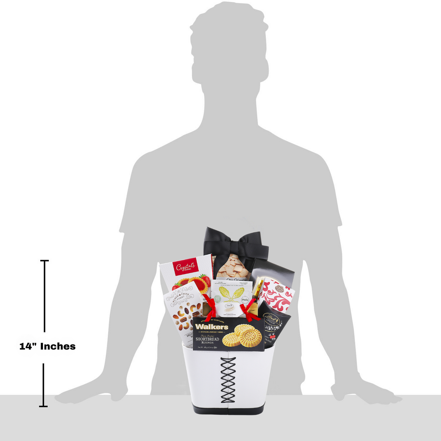 Basket of snacks with a person silhouette and measurement label on a white background