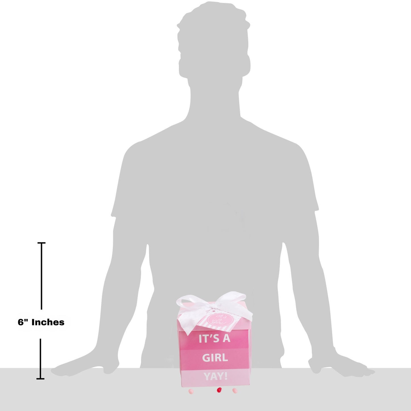 Silhouette of a person with a baby shower gift box labeled 'It's a Girl Yay!' for scale.