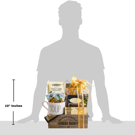 Gift basket with a cup labeled 'Soup' and a box labeled 'Farmers Market' next to a silhouette of a person for scale.