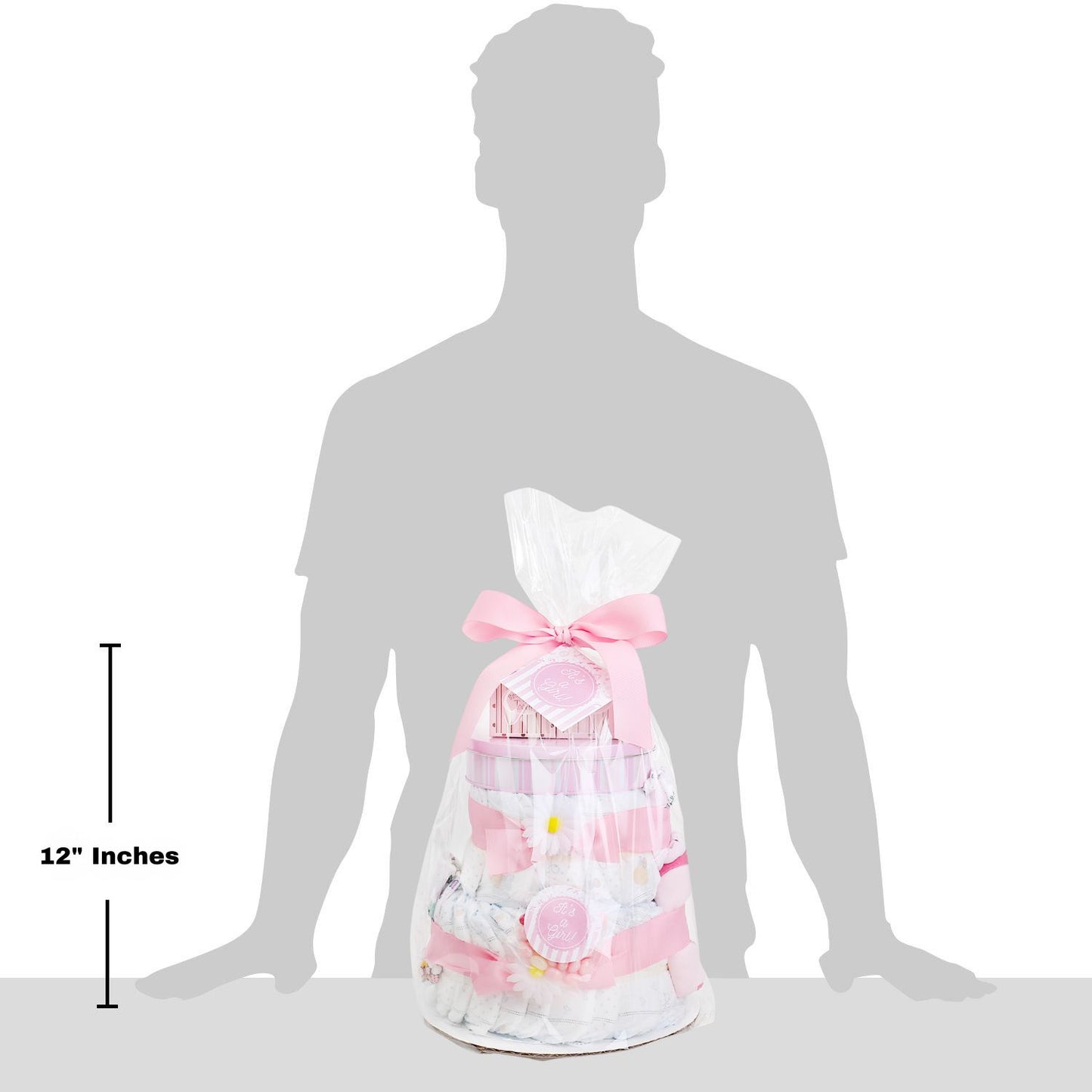 Silhouette of a person with gift, with measurements indicated.