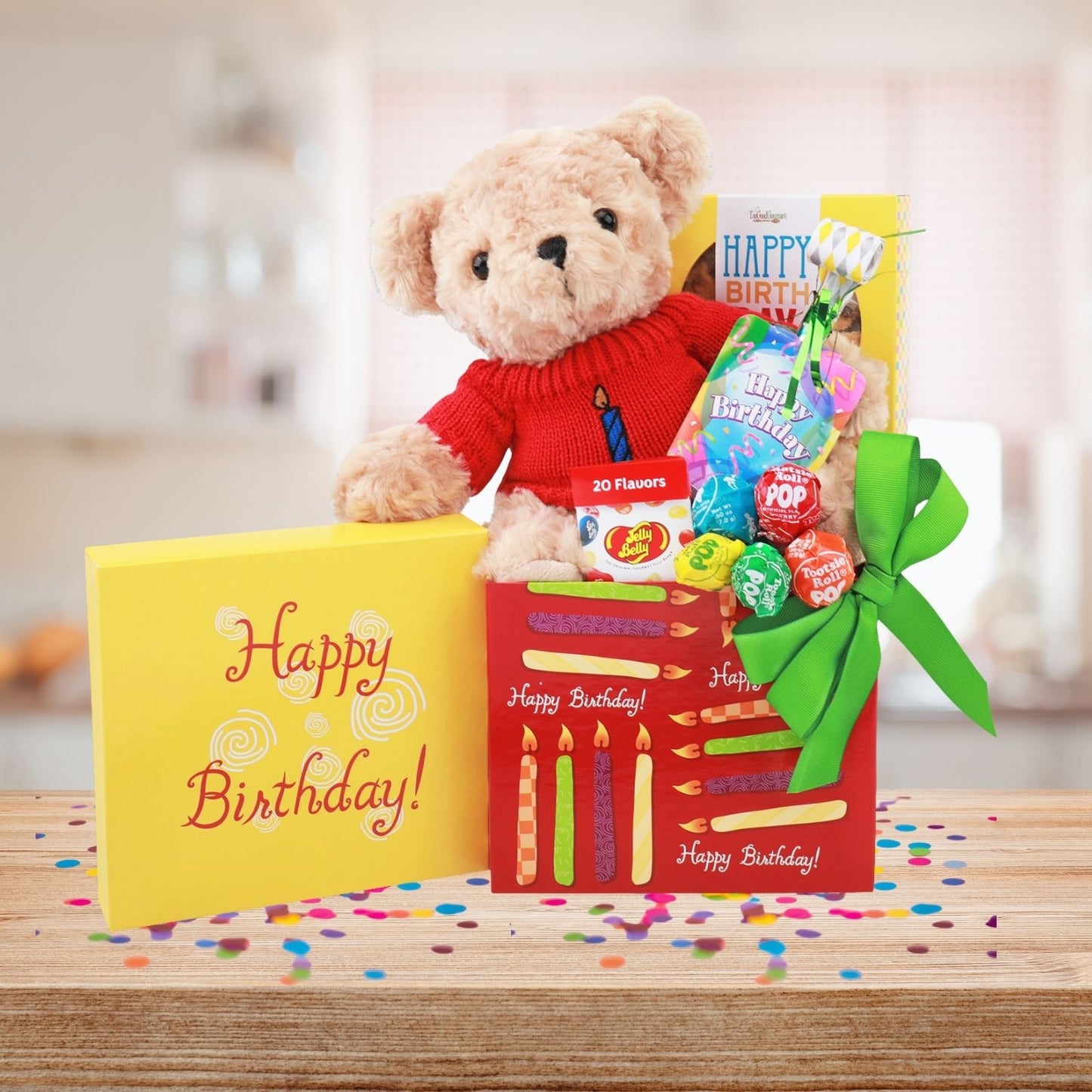 gift box displayed on counter top with confetti