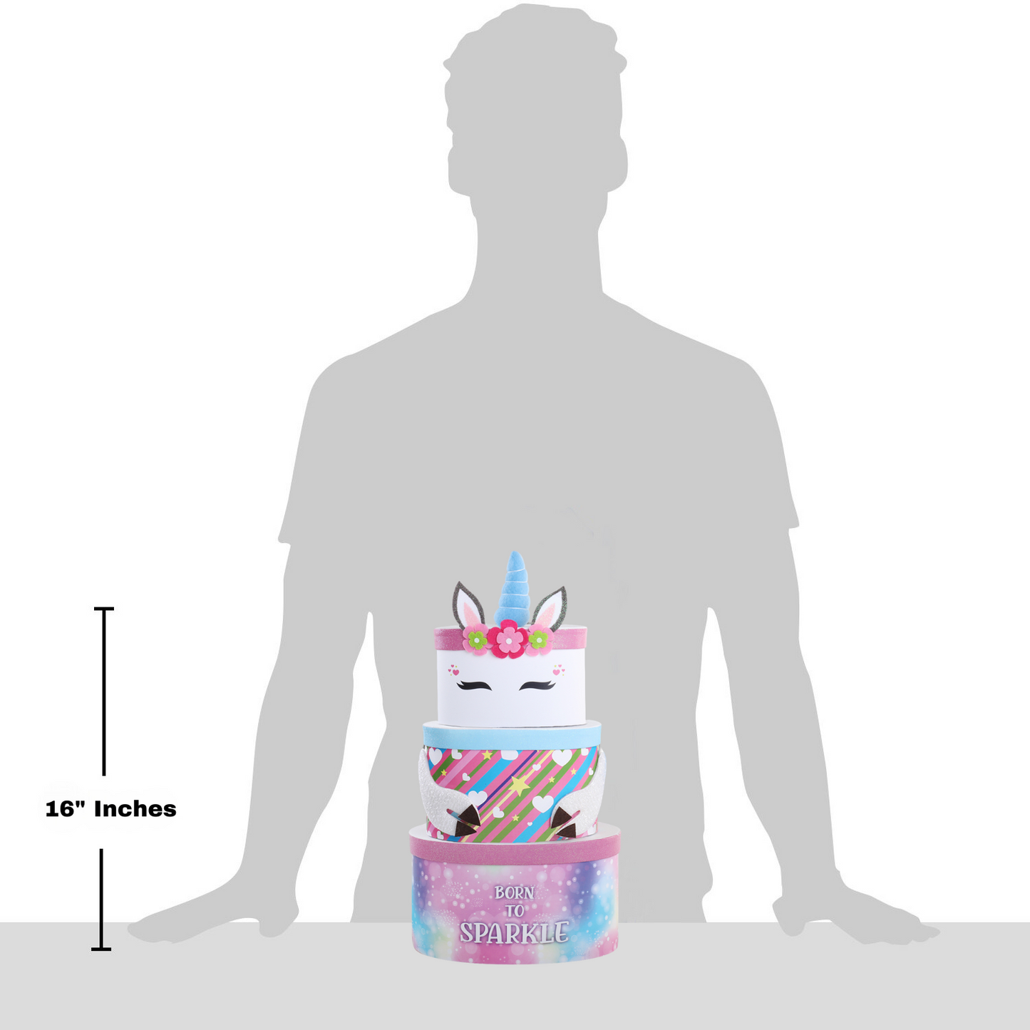 Stack of colorful tins with a unicorn design on top, shown next to a human silhouette for scale.