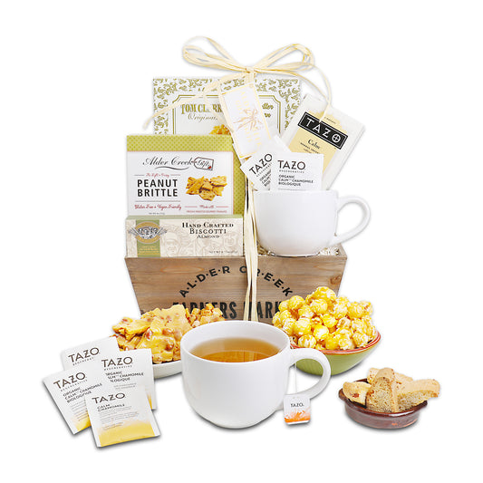 Serenity Tea Crate Gift Basket with food contents displayed