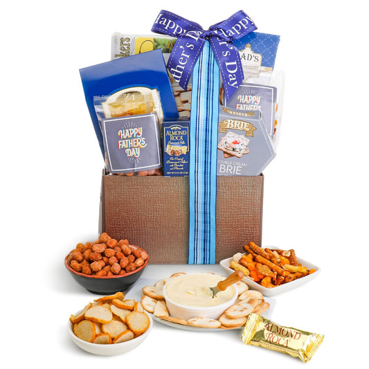 Gift basket with snacks and a 'Happy Father's Day' ribbon on a white background