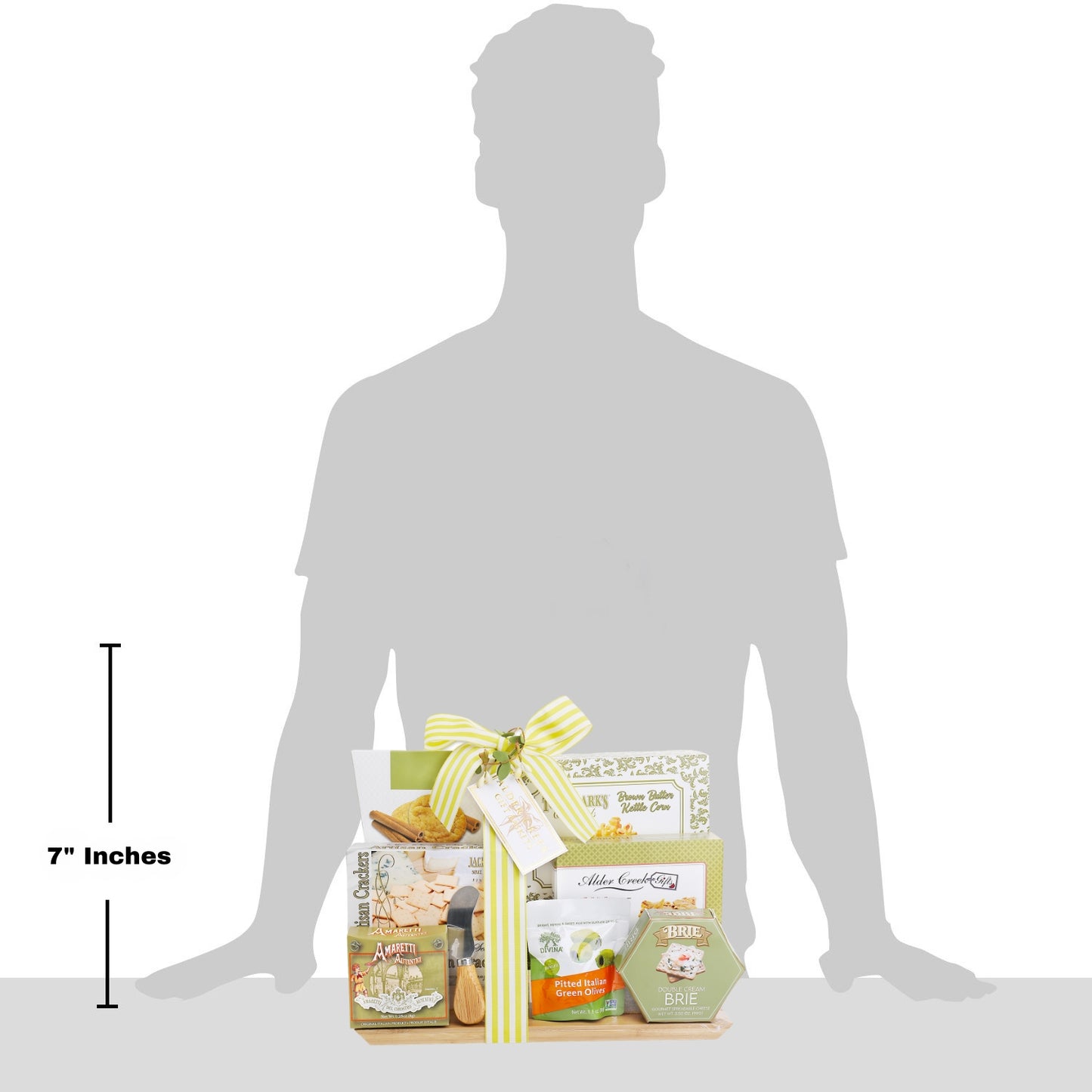 Gift basket with dimensions shown relative to a silhouette of a person