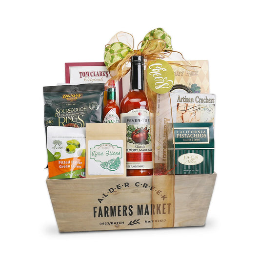 Gift basket from Alder Creek Farmers Market with various items including a bottle of Fever-Tree mixer.