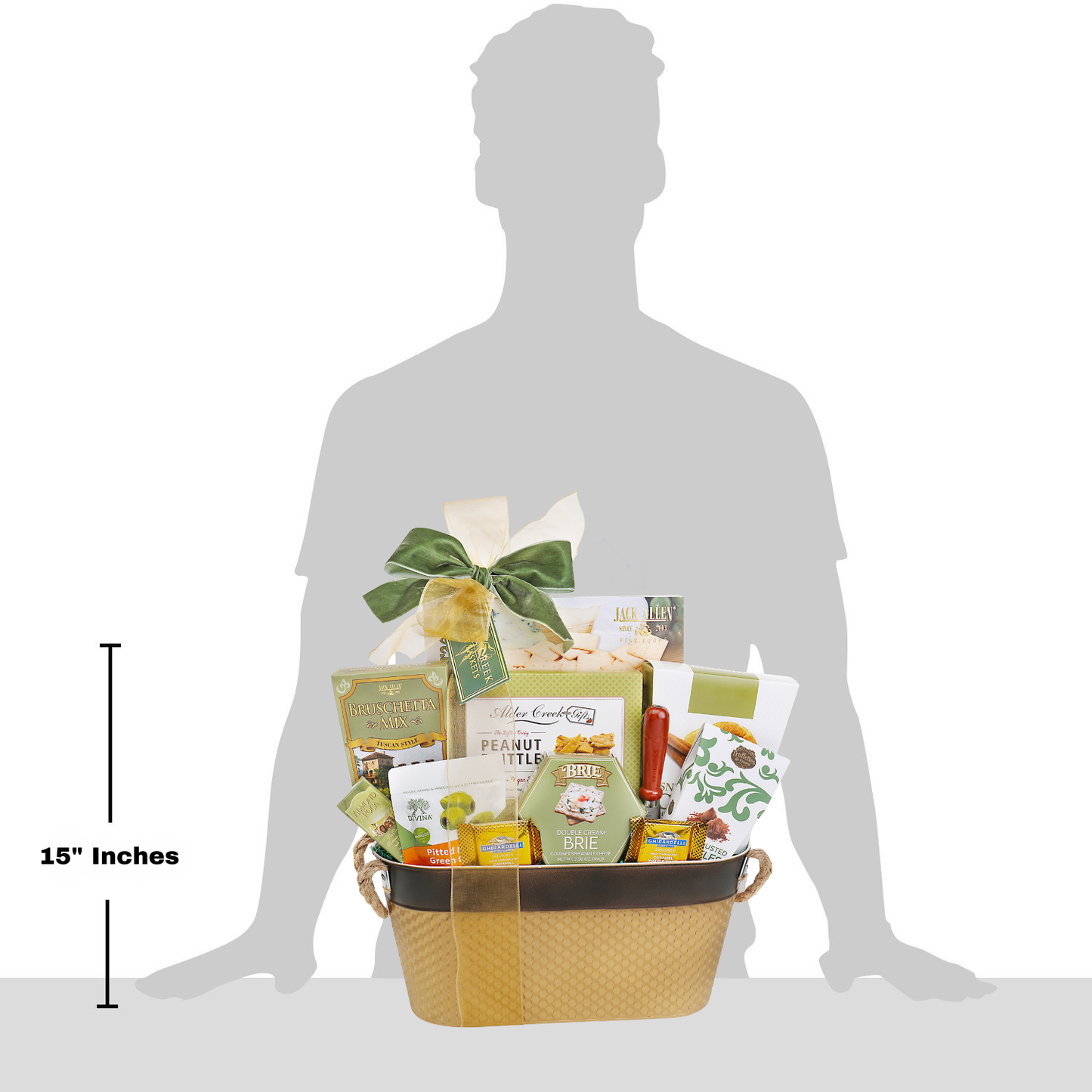 basket displayed in front of grey shadow man to illustrate 15 inch height