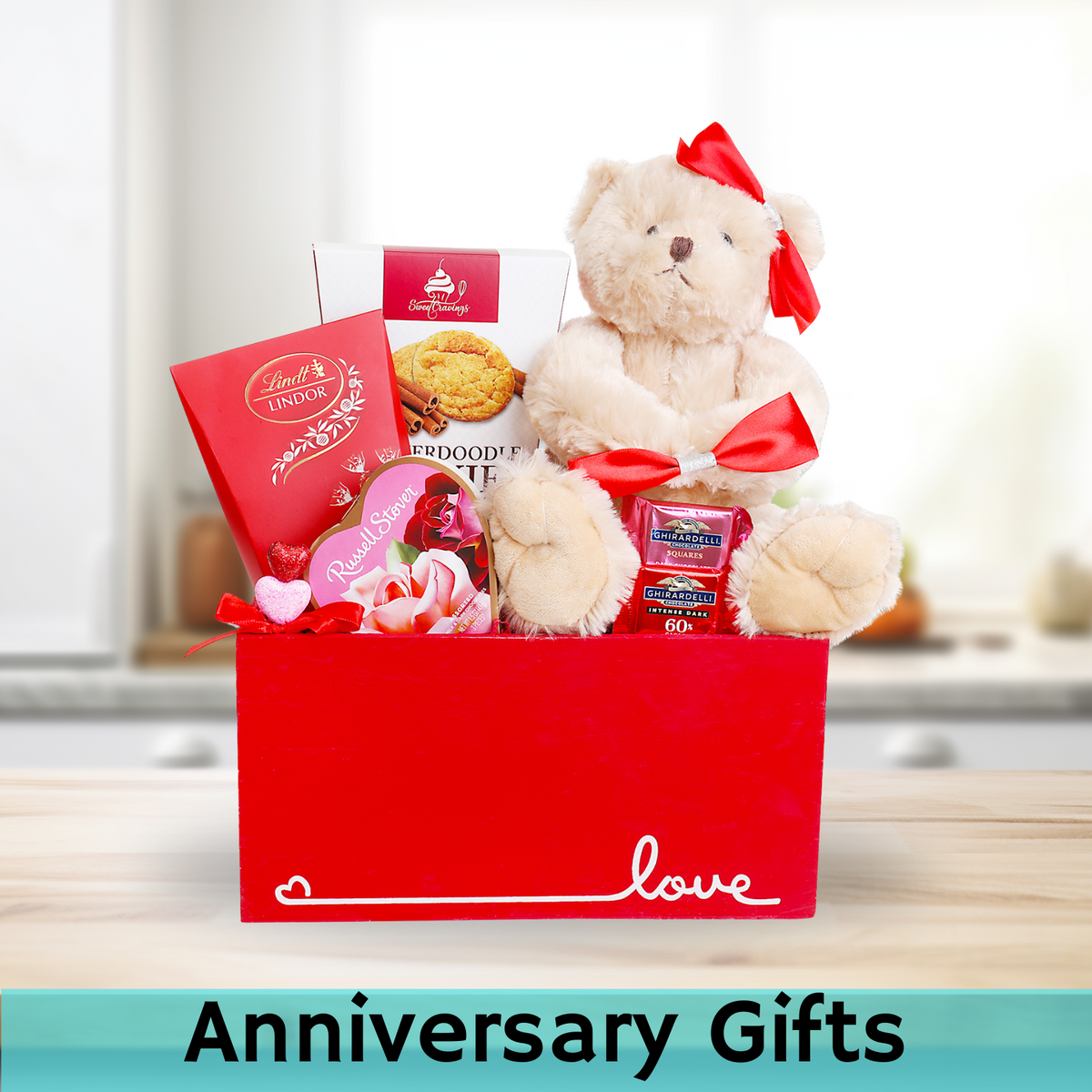 Russell Stover Heart of Chocolates (1.5oz.), Lindt Lindor Chocolate Truffles (3pcs.), Snickerdoodle Cookies (2.5oz.), Plush Bear, Reusable Wood Crate