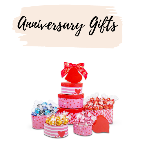 anniversary gifts text in black above FG03909 Heart Lindt Gift Towere