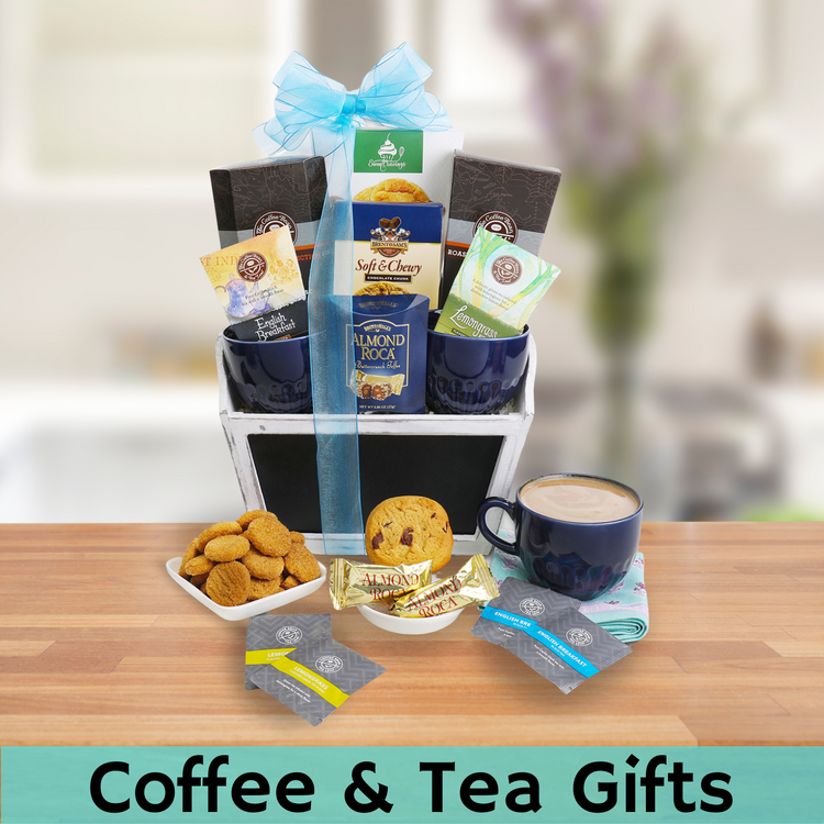 Sweet Cravings Snickerdoodle Cookies, Coffee Bean&nbsp; and Tea Leaf Coffee, Coffee Bean and Tea Leaf Tea, Chocolate Chunk Cookie, Chocolate Eclairs, Ceramic Mugs, Wooden Chalkboard Front Basket