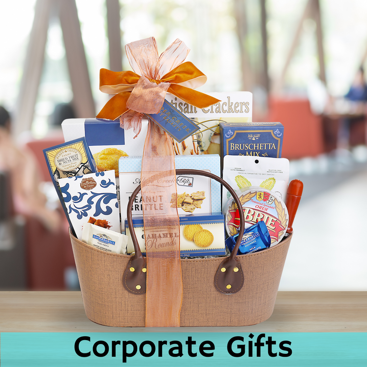 Fruit and Nuts, Salt Crackers, Peanut Brittle, Snickerdoodle Cookies, Bruschetta Mix, Cocoa Truffles , Caramel Rounds, Brie Cheese, Herb Marinated Artichoke, Ghirardelli Milk Chocolate, Ghirardelli White Chocolate, Cheese Knife, Reusable Tote