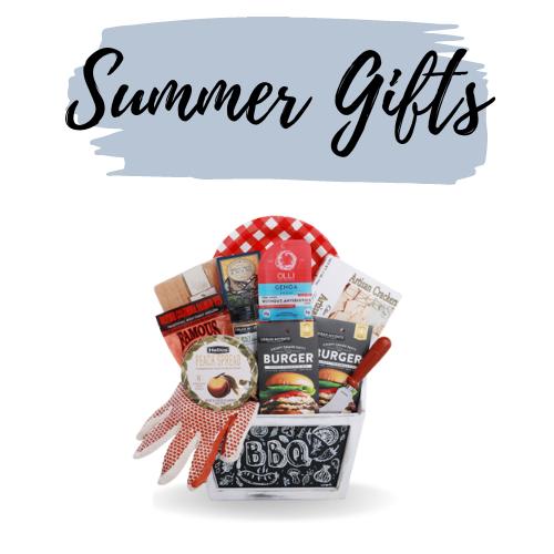 Summer gifts text in black above bbq gift basket FG03811