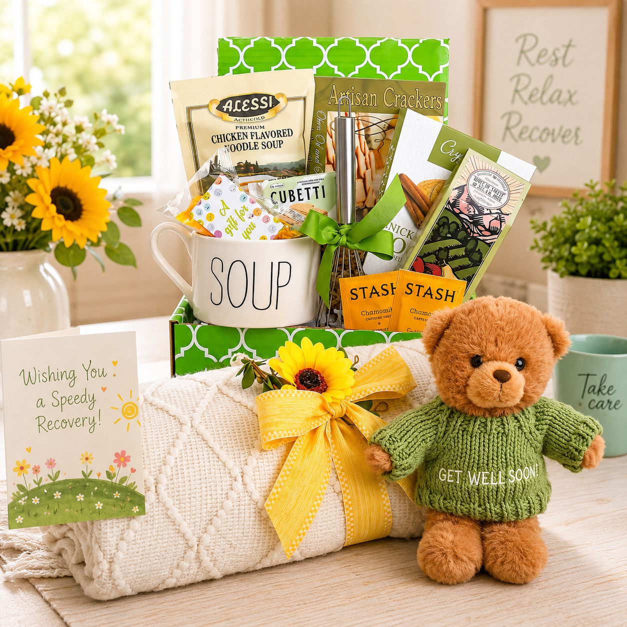 A woven gift basket filled with assorted snack and food items, tied with a large green bow, displayed on a table with bowls of cookies, nuts, and dried fruit in a bright kitchen setting.