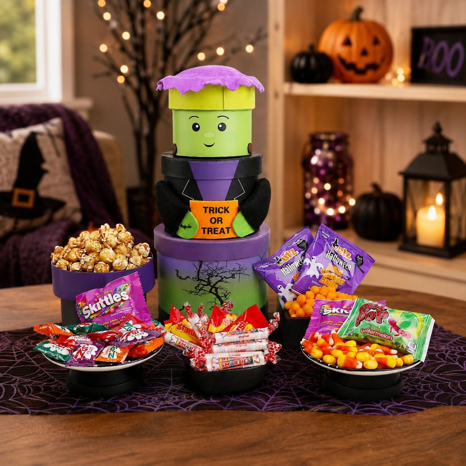 Frankenstein Themed monster tower with trick or treat sign displayed with candy and snack contents. 