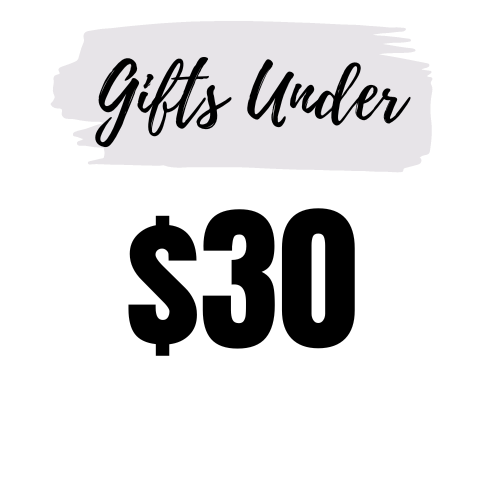 gifts under $30 text image, black & grey over white background