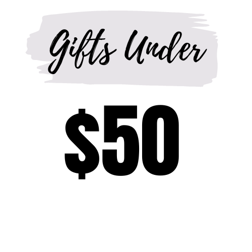gifts under $50 text image, black & grey over white background