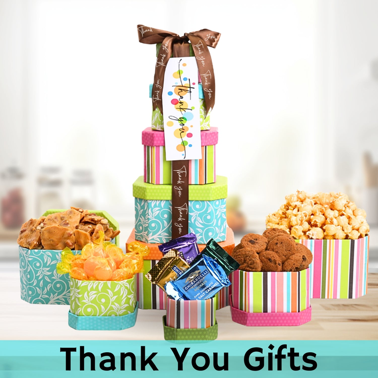 "Thank You Gifts" text in black above FG04601 Thanks A Million Gift Basket 