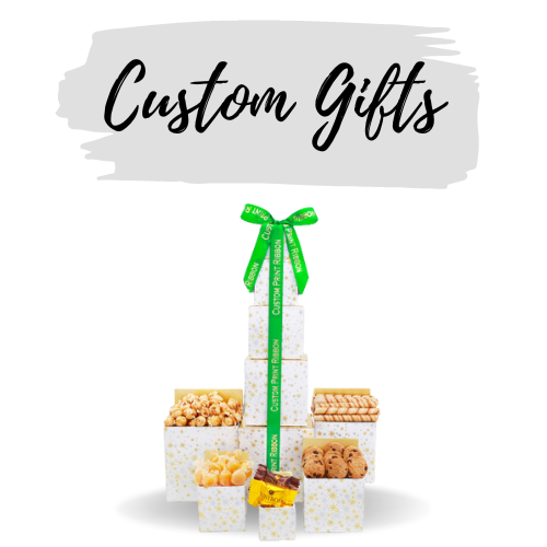 Custom Gifts text in black above white and gold gift tower with custom printed ribbon
