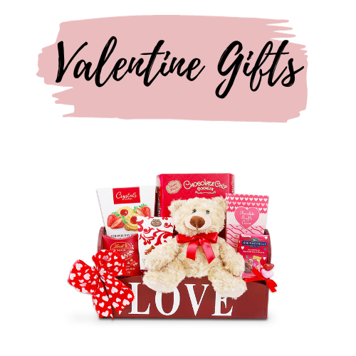 Valentine Gift Basket Category cover with image of valentine gift basket with bear (FG04804)