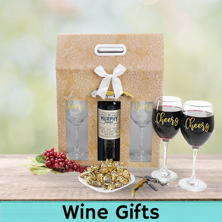 Murphy-Goode Pinot Noir, 2 Cinnamon Hard Candy (3oz.), Red & White Plaid Wine Display Tote, 2 Wine Glasses, Gold Wine Opener