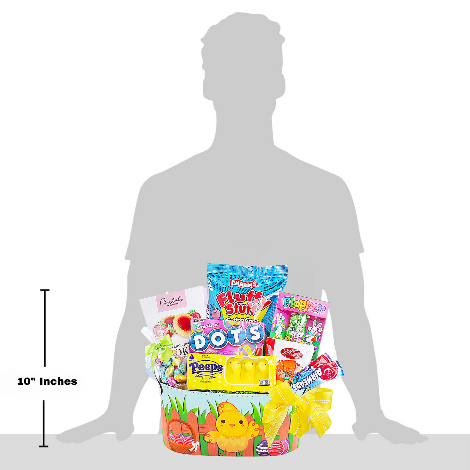 gift basket in front of grey man figure to illustrate size