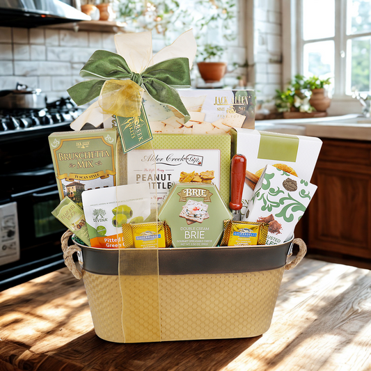 gift basket displayed on rustic kitchen counter
