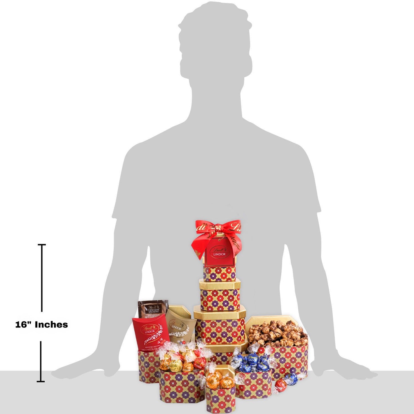 Stack of gift baskets with a person silhouette and measurement label on a white background