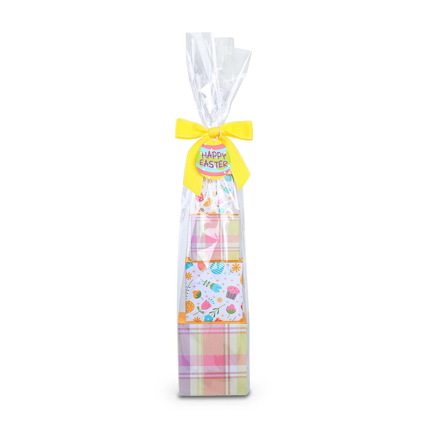 Easter Tower stacked, wrapped, with yelllow ribbon and Happy Easter Hang Tag