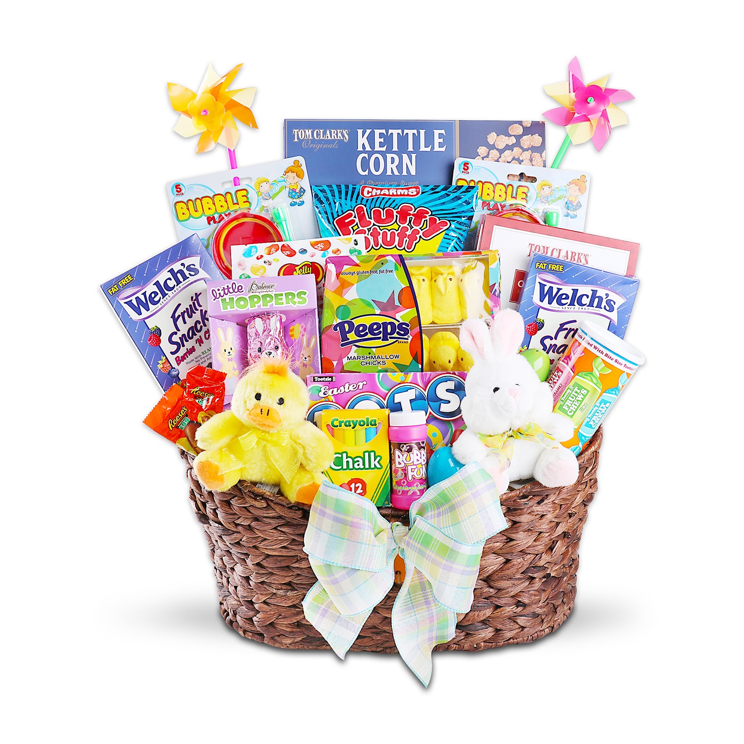 gift basket with contents displayed in brown seagrass basket