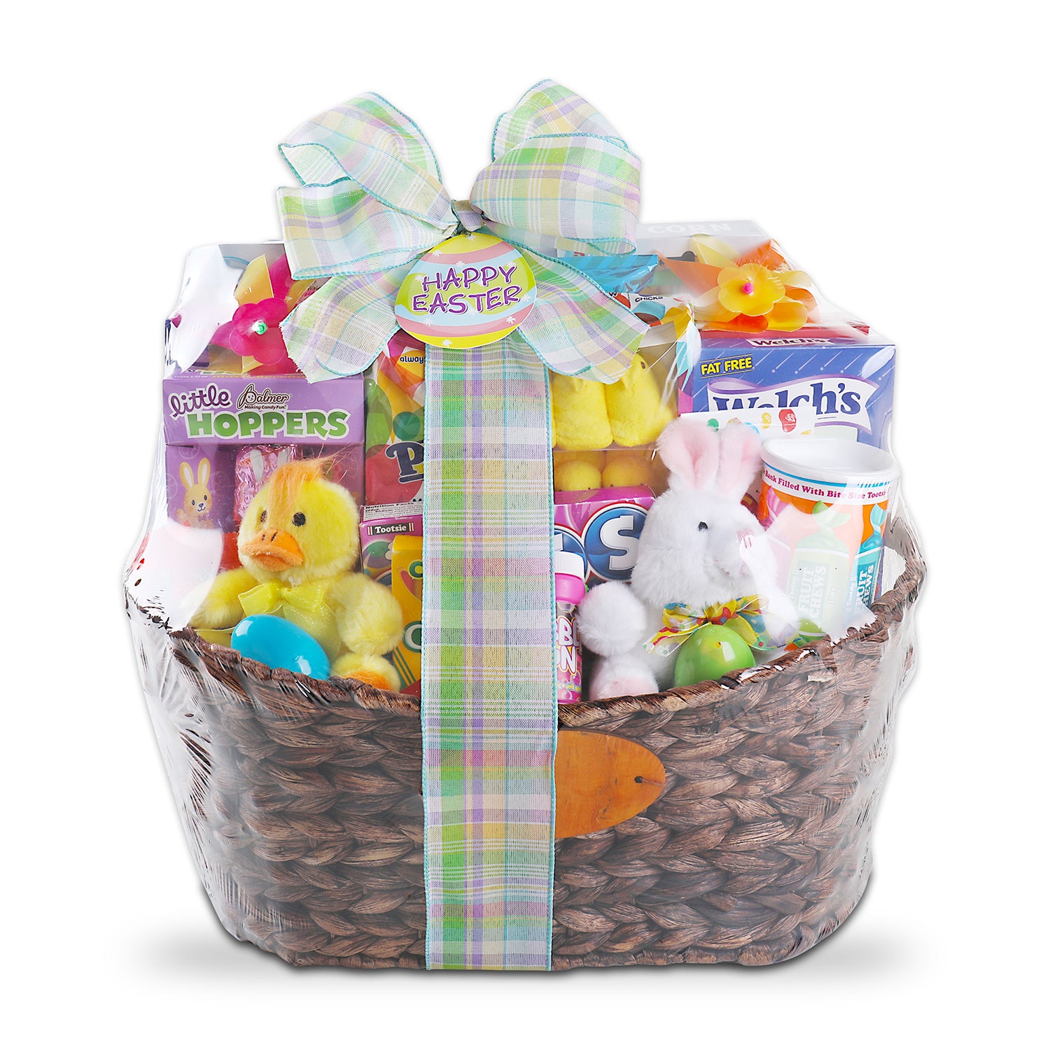 gift basket wrapped in plastic with multicolor pastel bow and tied with Easter egg hang tag