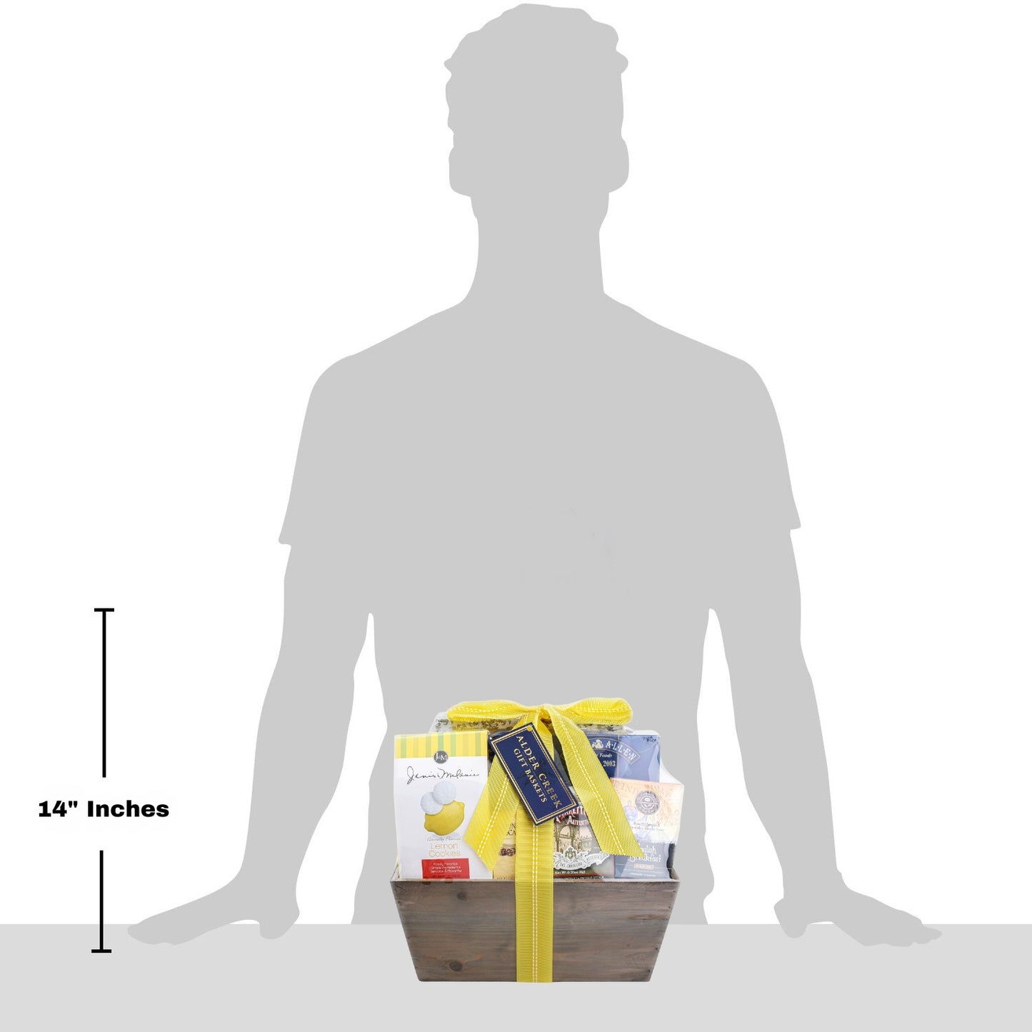 Gift basket with a yellow ribbon shown next to a silhouette of a person for size reference.