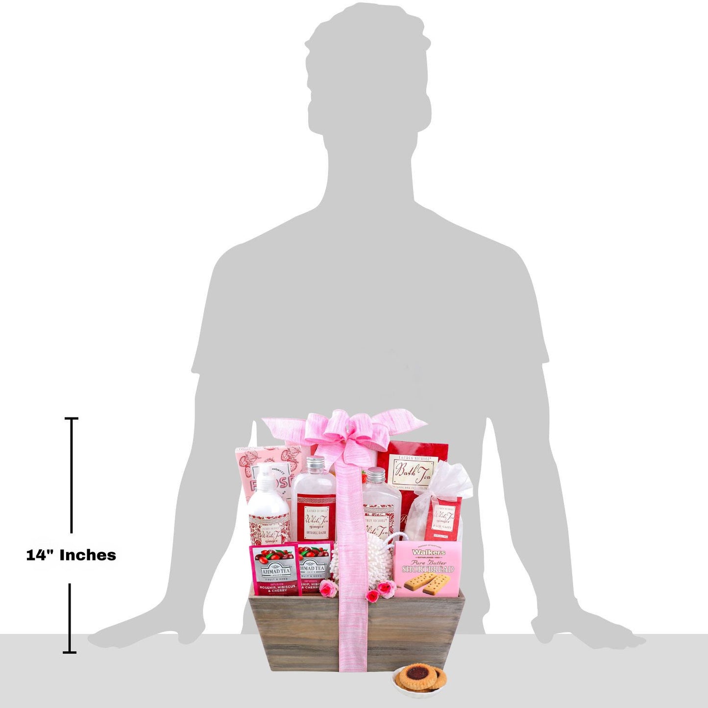 Gift basket with products on a silhouette of a person, showing its size.
