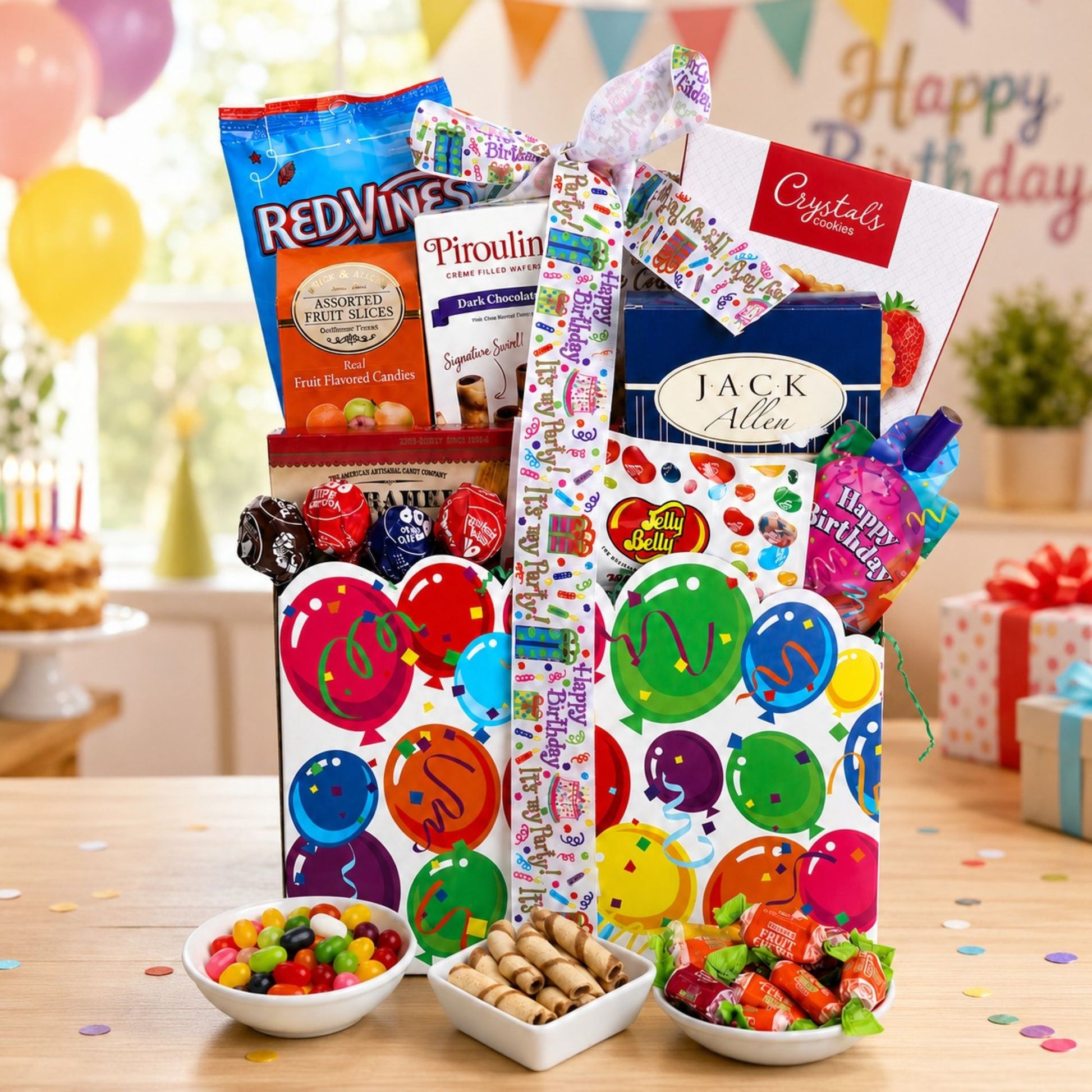 Birthday gift tote with contents displayed and with birthday background
