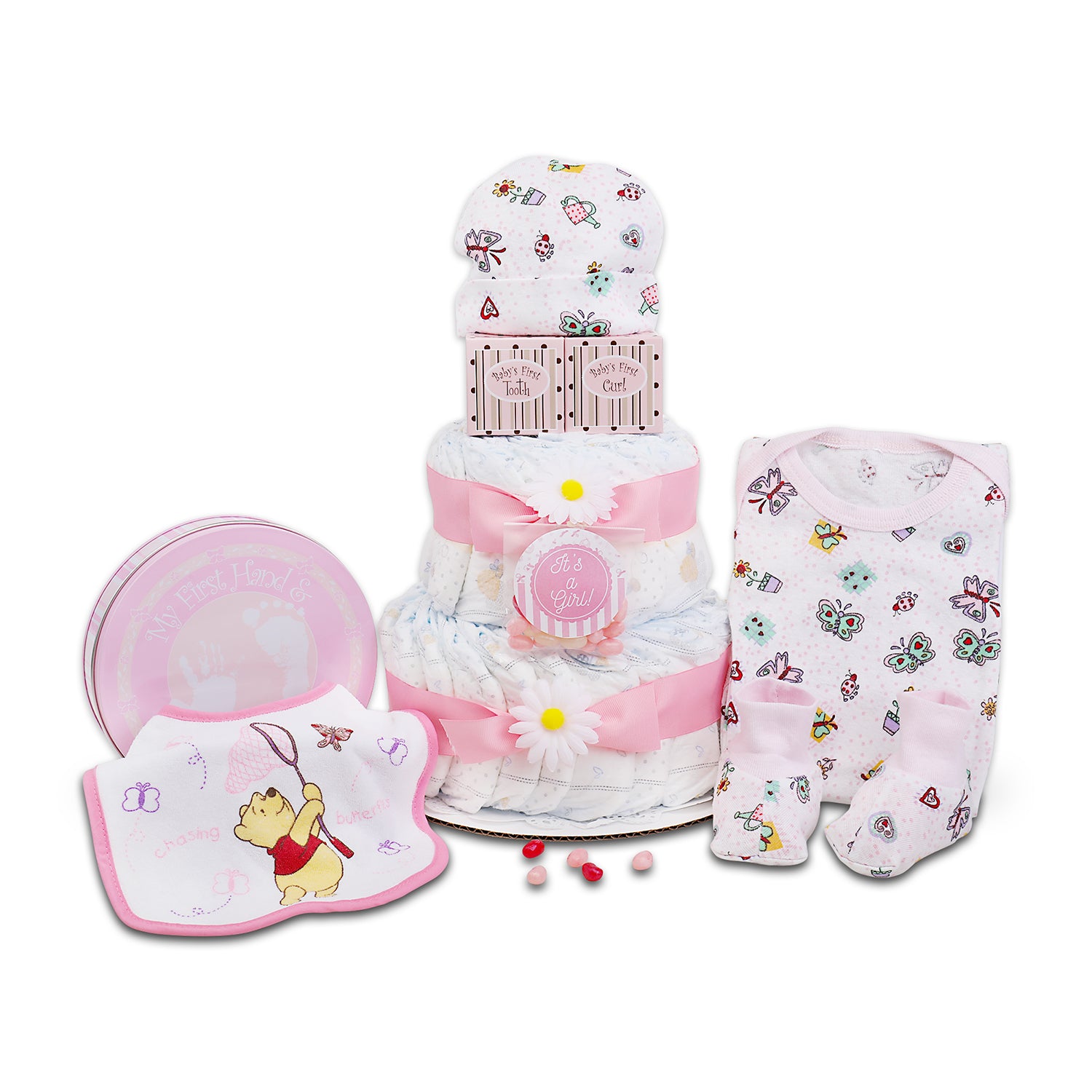 Baby gift set with diaper cake, bib, booties, and hat on a white background