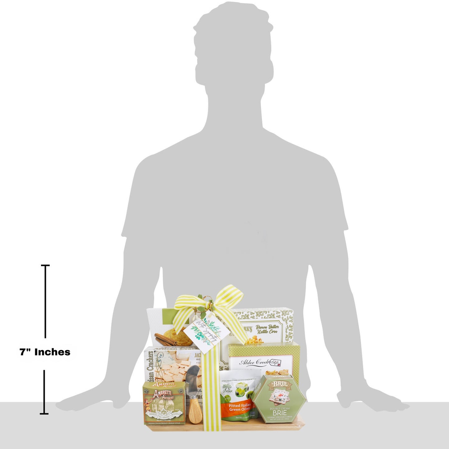 Gift basket displayed against a silhouette of a person with dimensions indicated.